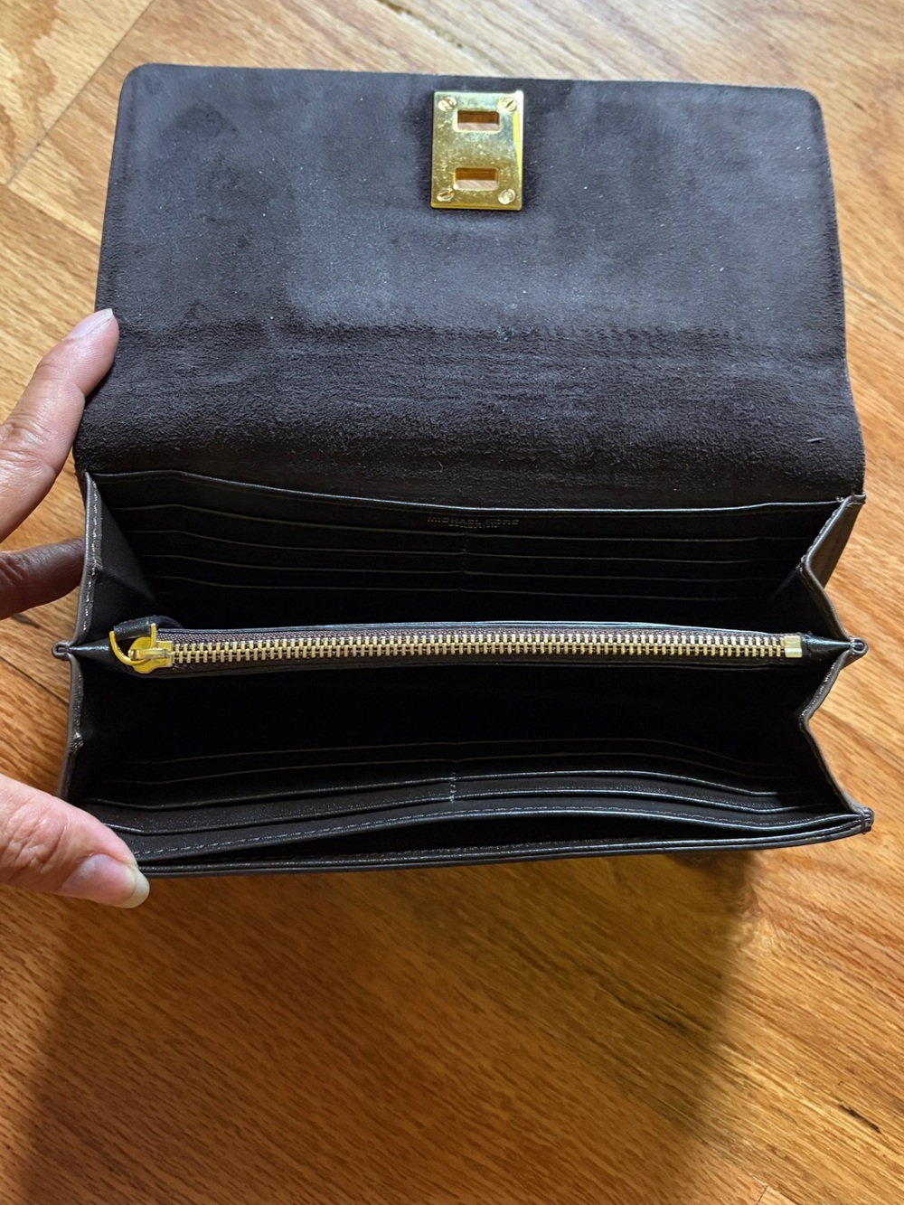Michael Kors Brown Suede and Leather Continental Wallet with Gold Hardware - Picture 4 of 4